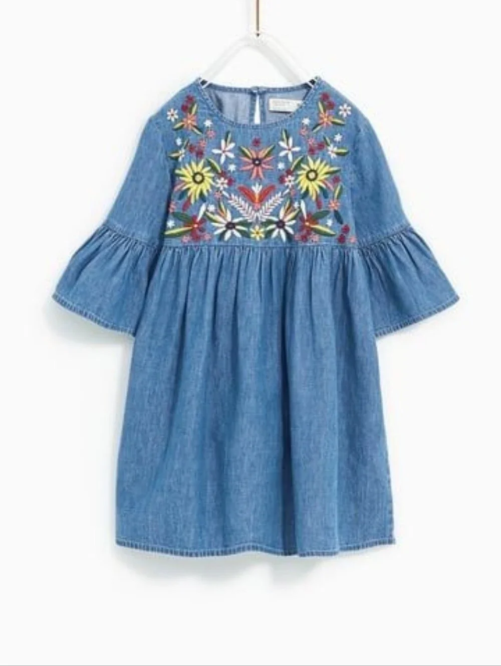 Girls' Blue Denim Embroidered Floral Dress